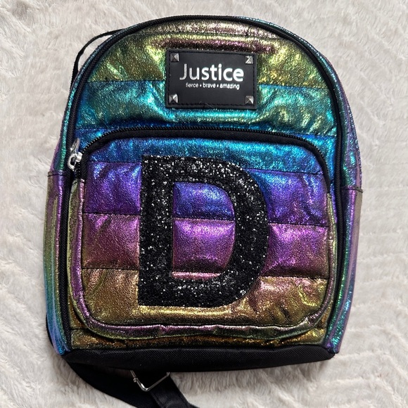 Justice Letter (D) fierce-brave-amazing iridescent color backpack EUC - Picture 1 of 5
